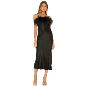 Cinq A Sept Cerise Silk Satin Ostrich Feather Slip Midi Dress Gown Black
